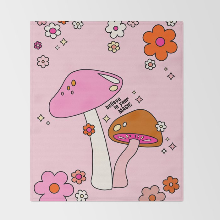 Colorful Mushrooms And Flowers In Pink Throw Blanket Gallery Image 2