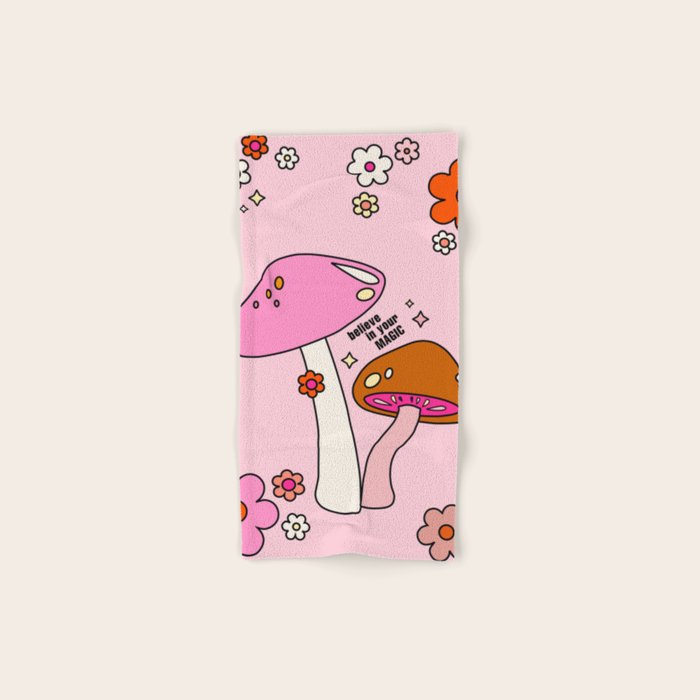 Colorful Mushrooms And Flowers In Pink Bath Towel Gallery Image 1