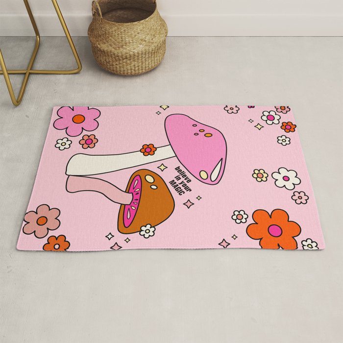 Colorful Mushrooms And Flowers In Pink Rug Gallery Image 1