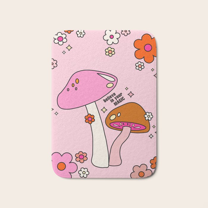 Colorful Mushrooms And Flowers In Pink Bath Mat Gallery Image 1