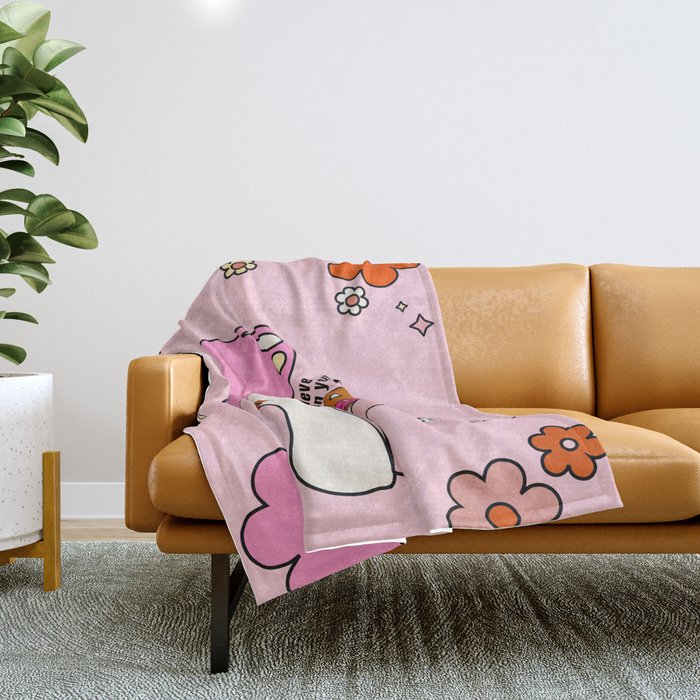 Colorful Mushrooms And Flowers In Pink Throw Blanket Gallery Image 1