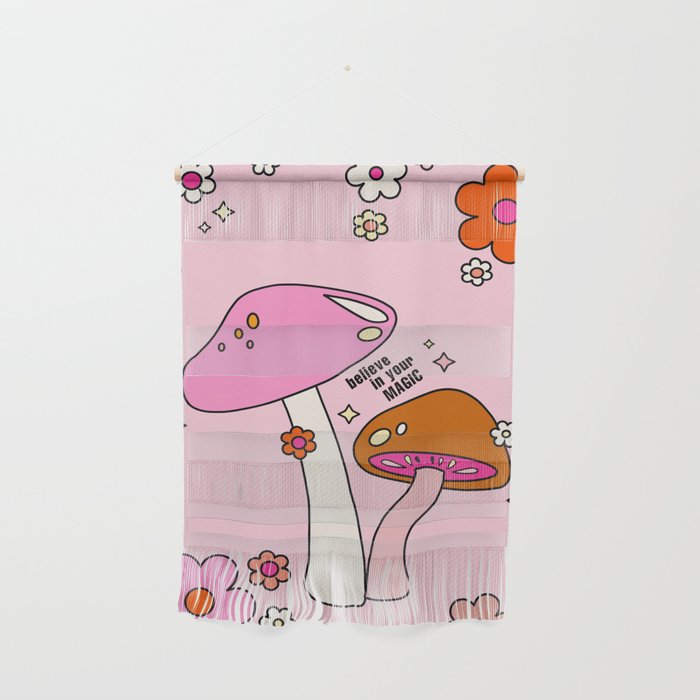 Colorful Mushrooms And Flowers In Pink Wall Hanging Gallery Image 1