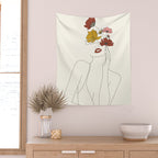 Colorful Thoughts Minimal Line Art Woman with Flowers Wall Tapestry Gallery Image 2