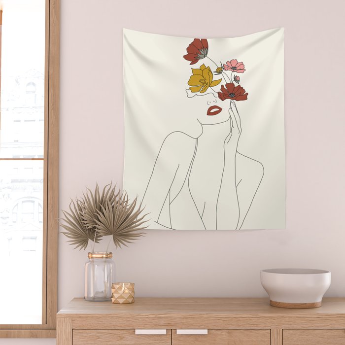 Colorful Thoughts Minimal Line Art Woman with Flowers Wall Tapestry Gallery Image 2