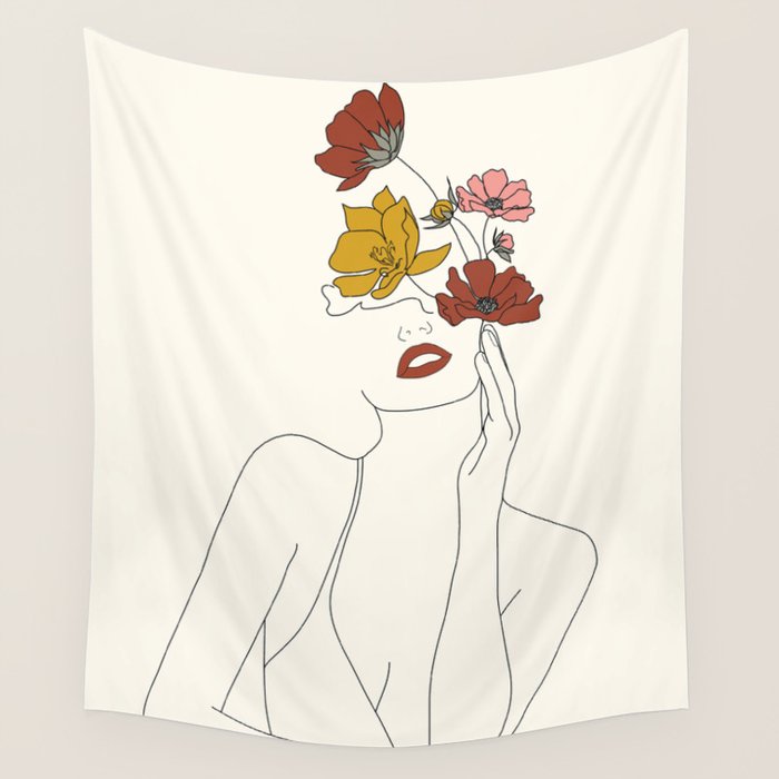 Colorful Thoughts Minimal Line Art Woman with Flowers Wall Tapestry Gallery Image 4