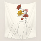 Colorful Thoughts Minimal Line Art Woman with Flowers Wall Tapestry Gallery Image 4