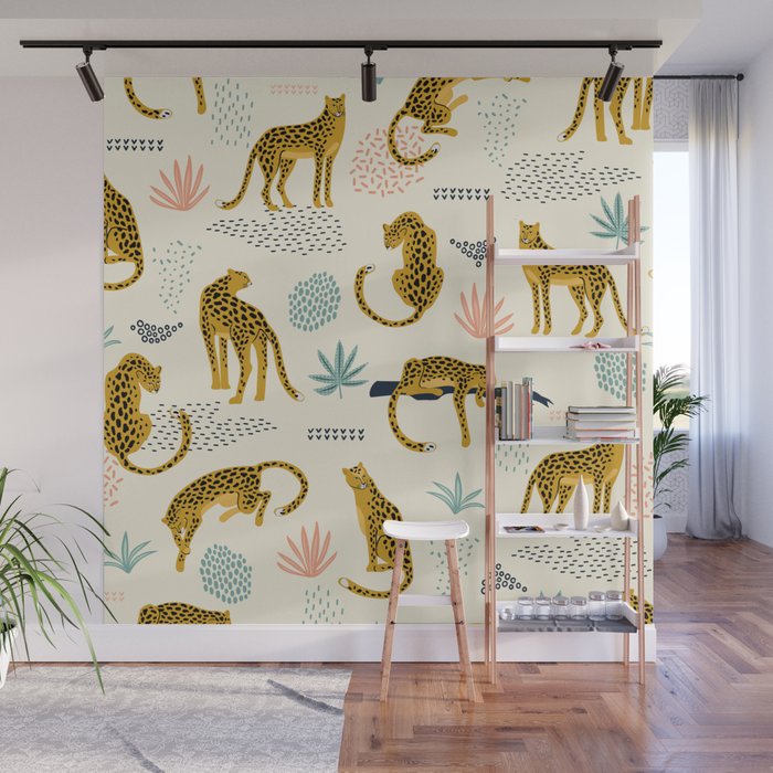 Abstract jaguar leopard memphis cute pattern Wall Mural Gallery Image 1