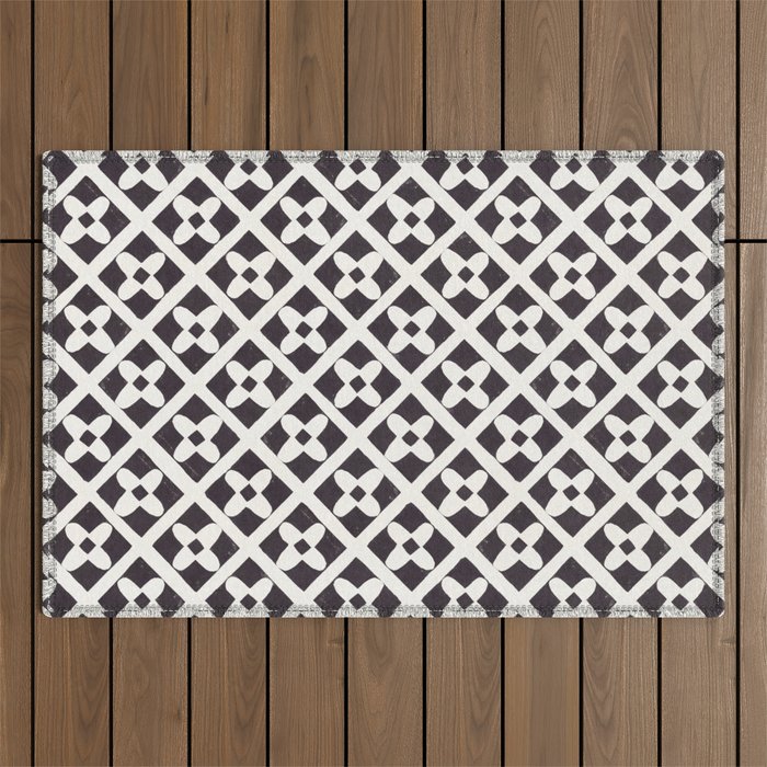 Floral Tiles Pattern / Lino Print Outdoor Rug Gallery Image 1