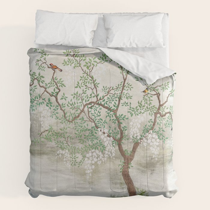 Chinoiserie Cherry Blossom Pagoda Zen Garden Landscape Comforter Gallery Image 2