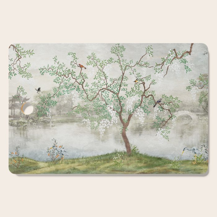 Chinoiserie Cherry Blossom Pagoda Zen Garden Landscape Cutting Board Gallery Image 1