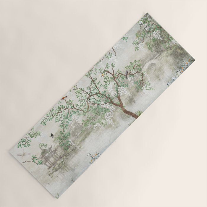 Chinoiserie Cherry Blossom Pagoda Zen Garden Landscape Yoga Mat Gallery Image 1