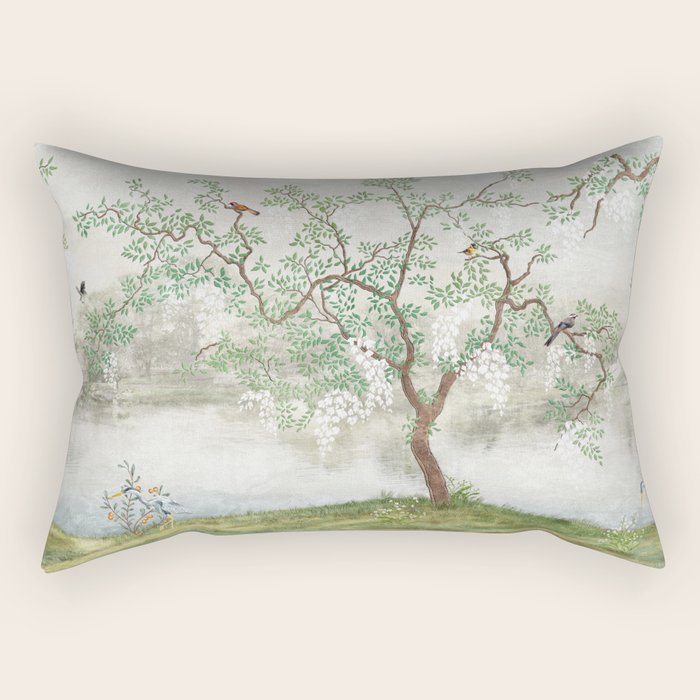 Chinoiserie Cherry Blossom Pagoda Zen Garden Landscape Rectangular Pillow Gallery Image 1