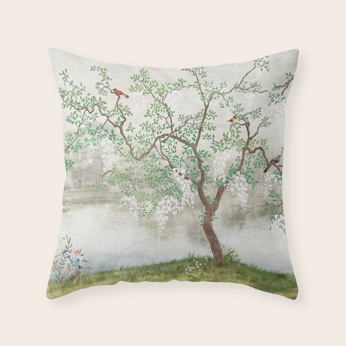 Chinoiserie Cherry Blossom Pagoda Zen Garden Landscape Throw Pillow Gallery Image 1