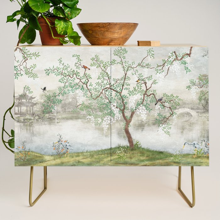 Chinoiserie Cherry Blossom Pagoda Zen Garden Landscape Credenza Gallery Image 1