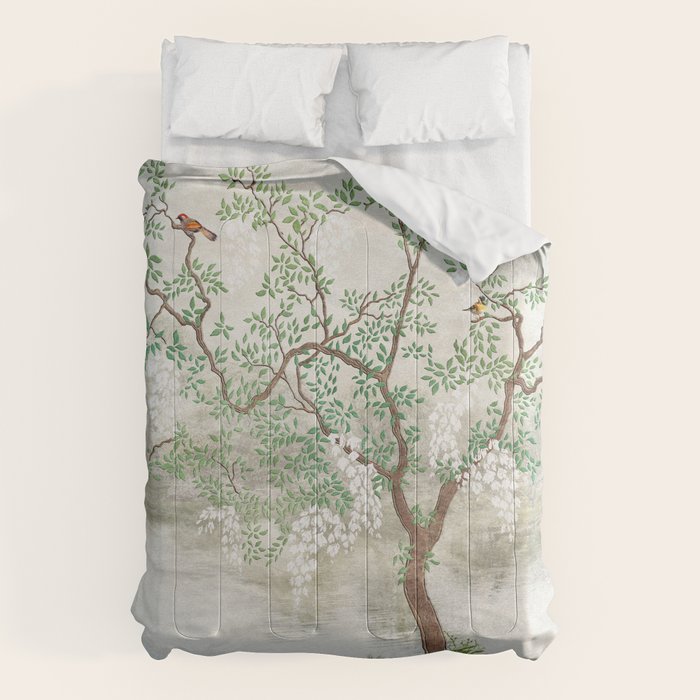 Chinoiserie Cherry Blossom Pagoda Zen Garden Landscape Comforter Gallery Image 6