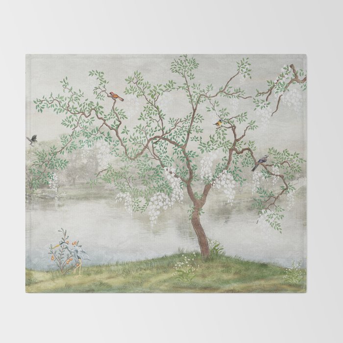 Chinoiserie Cherry Blossom Pagoda Zen Garden Landscape Throw Blanket Gallery Image 2