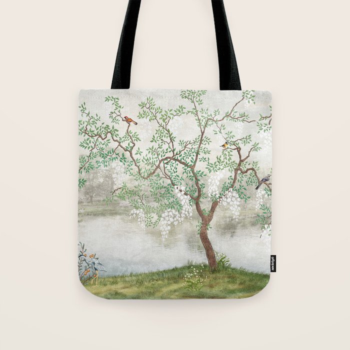 Chinoiserie Cherry Blossom Pagoda Zen Garden Landscape Tote Bag Gallery Image 1