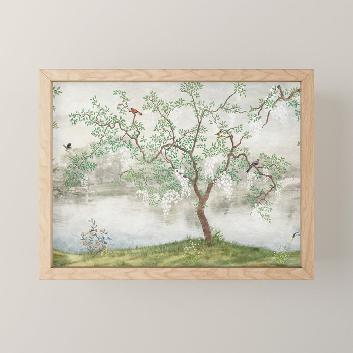 Chinoiserie Cherry Blossom Pagoda Zen Garden Landscape Mini Art Print Gallery Image 1