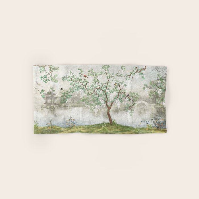 Chinoiserie Cherry Blossom Pagoda Zen Garden Landscape Bath Towel Gallery Image 1