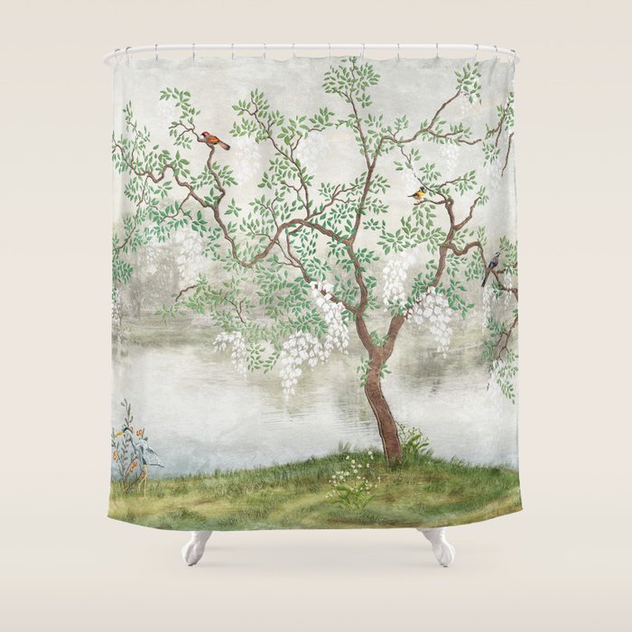 Chinoiserie Cherry Blossom Pagoda Zen Garden Landscape Shower Curtain Gallery Image 1