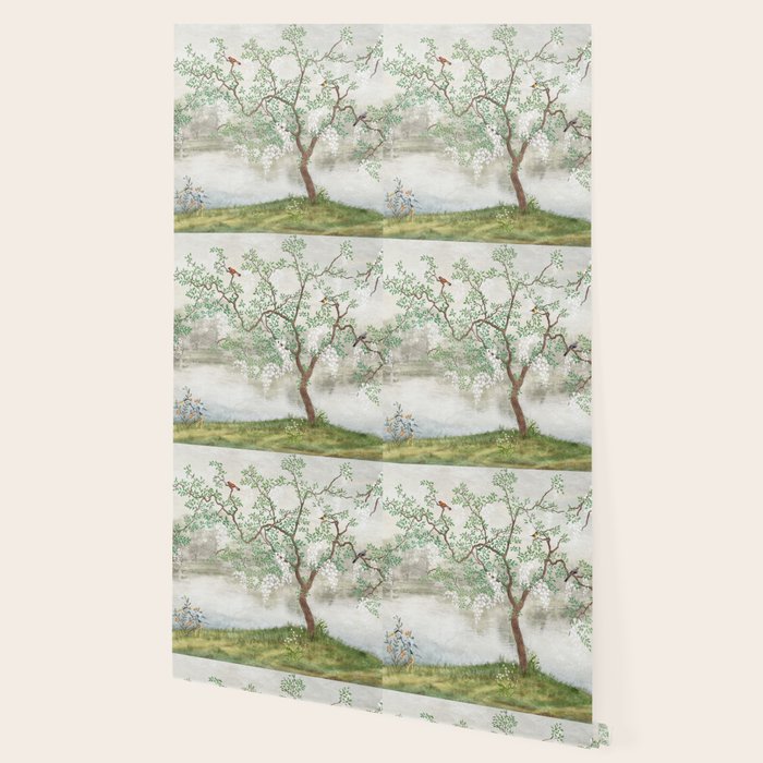 Chinoiserie Cherry Blossom Pagoda Zen Garden Landscape Wallpaper Gallery Image 2