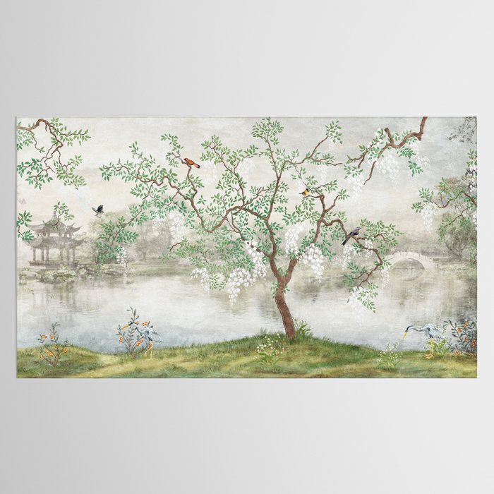 Chinoiserie Cherry Blossom Pagoda Zen Garden Landscape Tablecloth Gallery Image 2