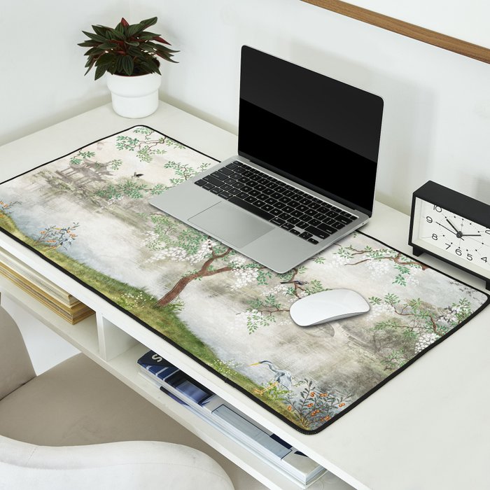 Chinoiserie Cherry Blossom Pagoda Zen Garden Landscape Desk Mat Gallery Image 2