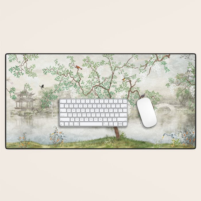Chinoiserie Cherry Blossom Pagoda Zen Garden Landscape Desk Mat Gallery Image 1