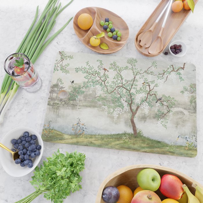 Chinoiserie Cherry Blossom Pagoda Zen Garden Landscape Cutting Board Gallery Image 2