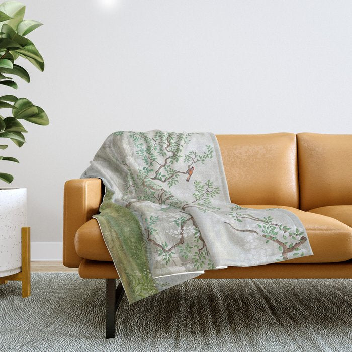 Chinoiserie Cherry Blossom Pagoda Zen Garden Landscape Throw Blanket Gallery Image 1