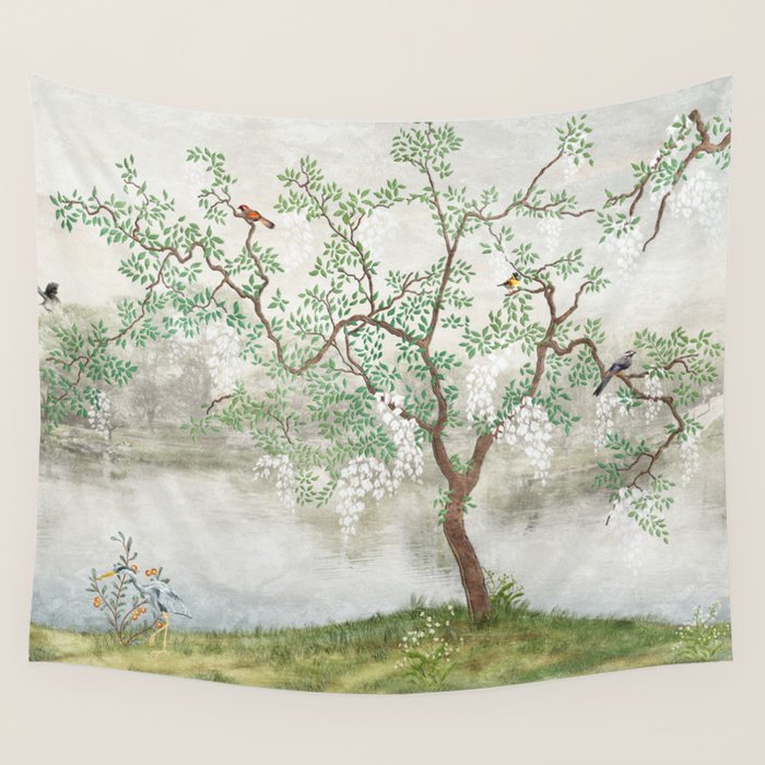 Chinoiserie Cherry Blossom Pagoda Zen Garden Landscape Wall Tapestry Gallery Image 1