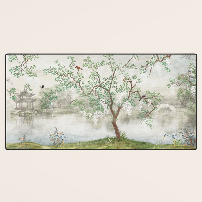 Chinoiserie Cherry Blossom Pagoda Zen Garden Landscape Desk Mat Gallery Image 3