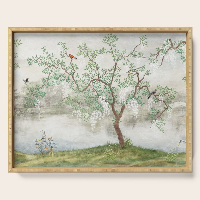 Chinoiserie Cherry Blossom Pagoda Zen Garden Landscape Serving Tray Gallery Image 1