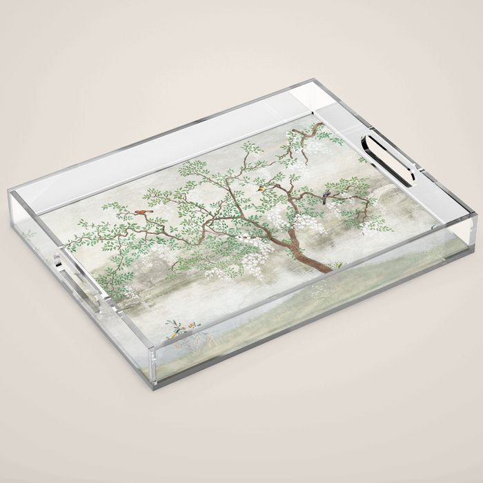 Chinoiserie Cherry Blossom Pagoda Zen Garden Landscape Acrylic Tray Gallery Image 1