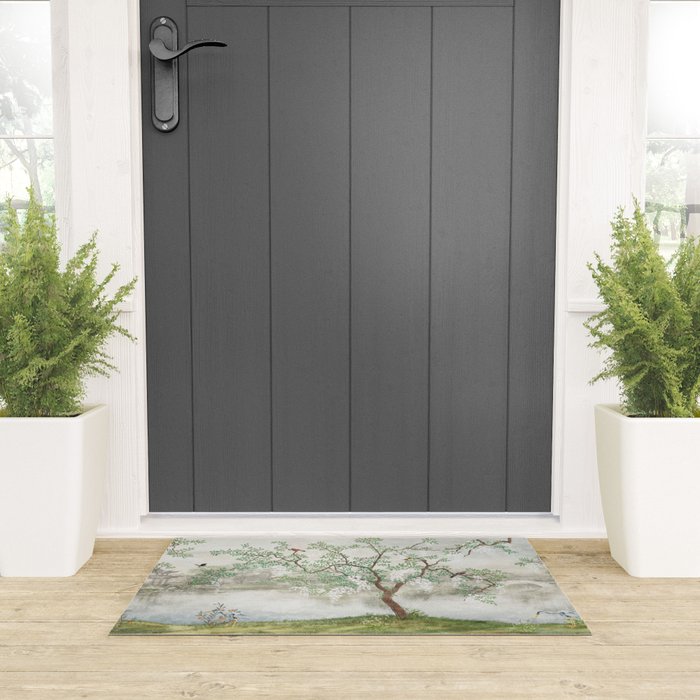 Chinoiserie Cherry Blossom Pagoda Zen Garden Landscape Welcome Mat Gallery Image 3
