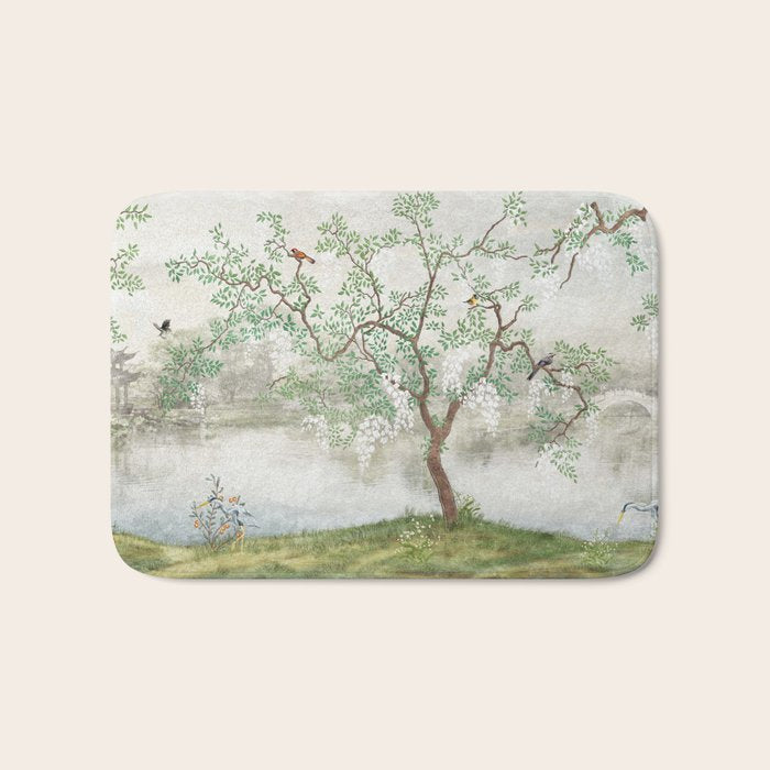 Chinoiserie Cherry Blossom Pagoda Zen Garden Landscape Bath Mat Gallery Image 1