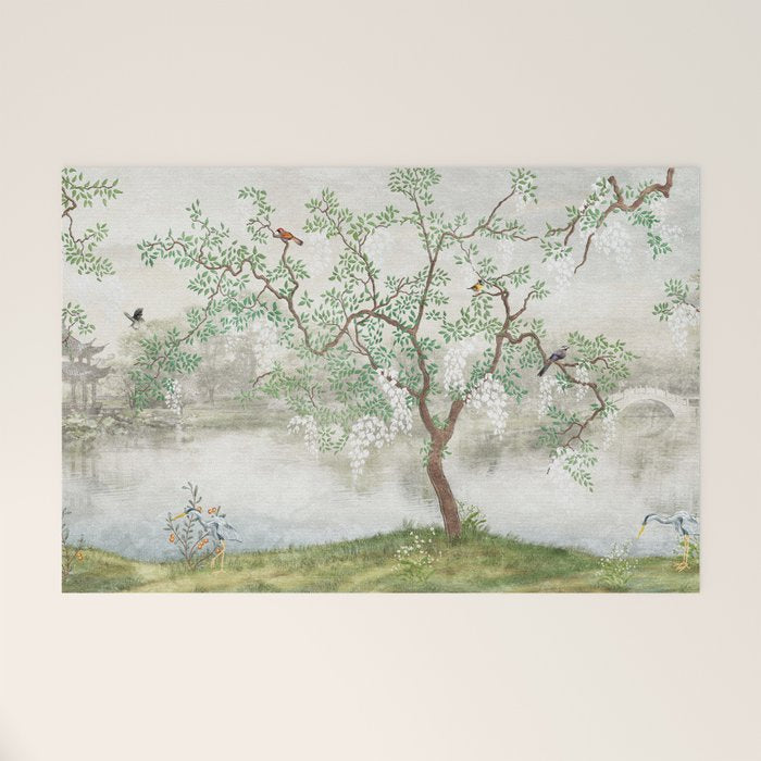 Chinoiserie Cherry Blossom Pagoda Zen Garden Landscape Welcome Mat Gallery Image 1