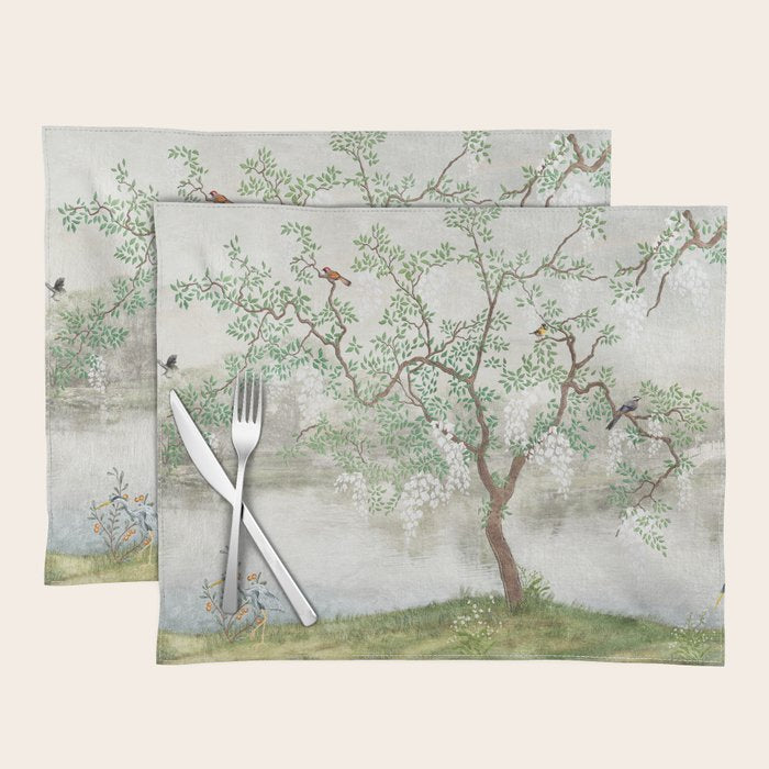 Chinoiserie Cherry Blossom Pagoda Zen Garden Landscape Placemat Gallery Image 1