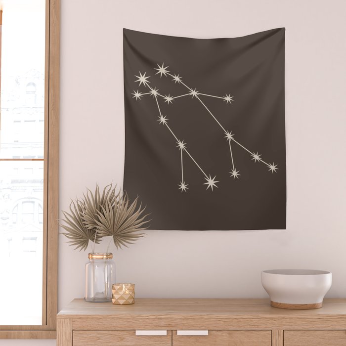Gemini Zodiac Star Constellation Line Art Coffee Brown Wall Tapestry Gallery Image 2