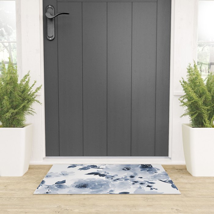 Floral Kingdom Watercolor Navy Blue Painting Of Flowers Peony Welcome Mat Gallery Image 3