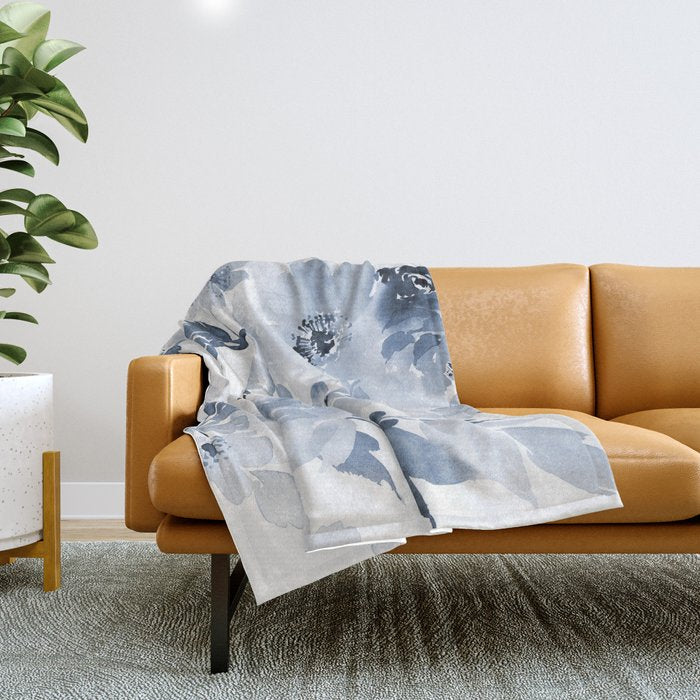 Floral Kingdom Watercolor Navy Blue Painting Of Flowers Peony Throw Blanket Gallery Image 1