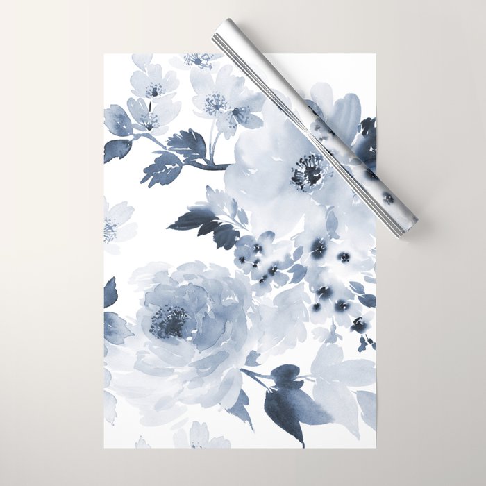 Floral Kingdom Watercolor Navy Blue Painting Of Flowers Peony Wrapping Paper Gallery Image 1