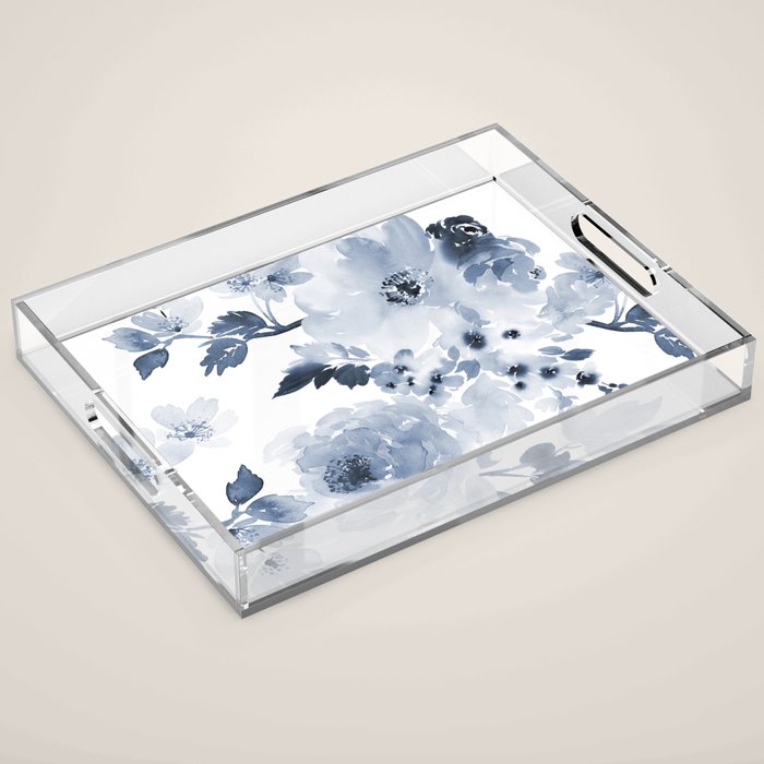 Floral Kingdom Watercolor Navy Blue Painting Of Flowers Peony Acrylic Tray Gallery Image 1