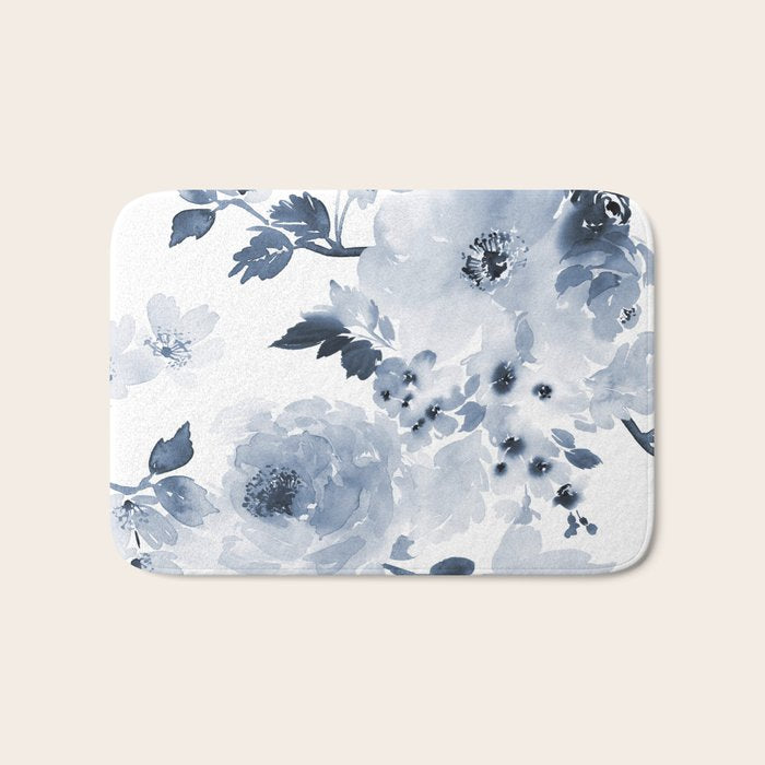 Floral Kingdom Watercolor Navy Blue Painting Of Flowers Peony Bath Mat Gallery Image 1