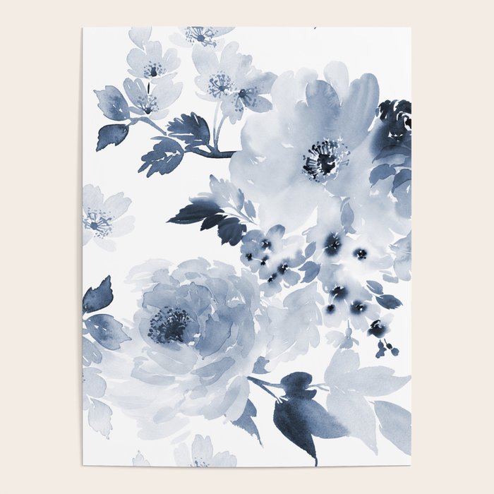 Floral Kingdom Watercolor Navy Blue Painting Of Flowers Peony Poster Gallery Image 1