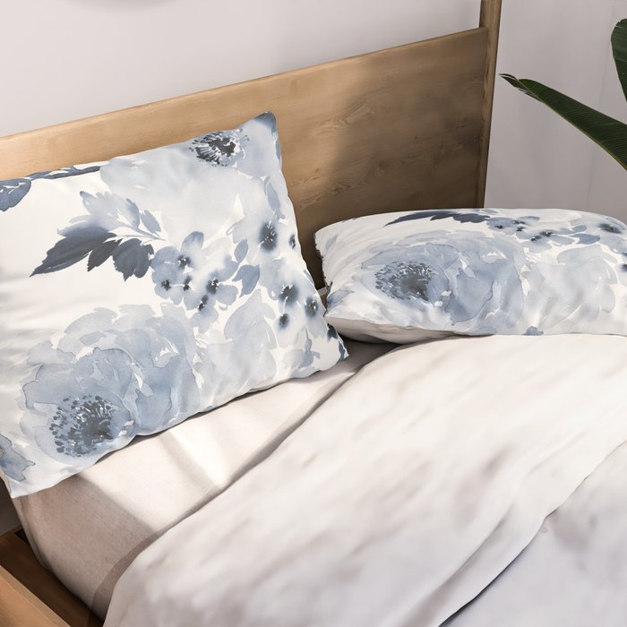 Floral Kingdom Watercolor Navy Blue Painting Of Flowers Peony Pillow Sham Gallery Image 2