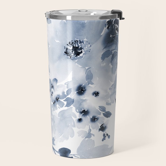 Floral Kingdom Watercolor Navy Blue Painting Of Flowers Peony Travel Mug Gallery Image 2