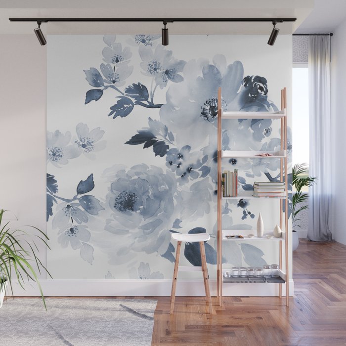Floral Kingdom Watercolor Navy Blue Painting Of Flowers Peony Wall Mural Gallery Image 1