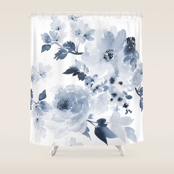 Floral Kingdom Watercolor Navy Blue Painting Of Flowers Peony Shower Curtain Gallery Image 1