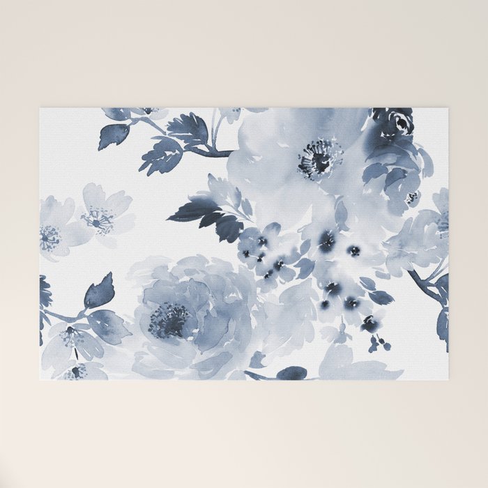 Floral Kingdom Watercolor Navy Blue Painting Of Flowers Peony Welcome Mat Gallery Image 1
